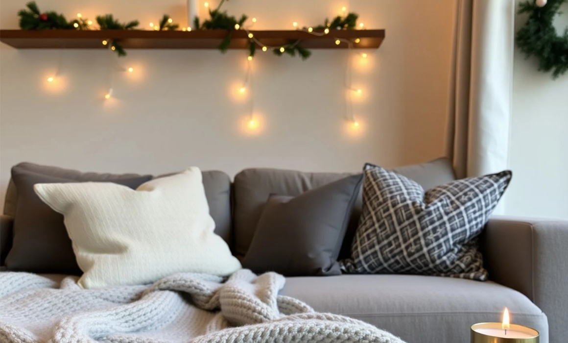 A corporate housing apartment decorated for the holiday season with a wreath, a string of white lights, decorative pillows and a cozy blanket on the sofa and lit candles on the coffee table.